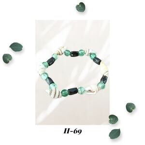 Conch Shells - Faceted Hematite Magnetic Beads - Stretch Bracelet - Green Glass